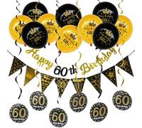DiiWmme 60th Birthday Decorations Black Gold, Balloons,60th Birthday Banners and Swirls 60 Year Old Party Supplies for Boys Girls, Reusable Birthday Party Decor (60th-black)