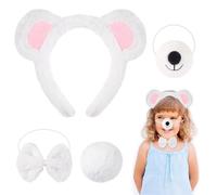 DiiWmme Bear Costume Accessories Complete Set 4 Pieces Ears Headband Nose Bow Tie and Fluffy Tail, Rabbit Fur Fancy Dress Up for Cosplay Baby Shower Carnival, Kids Adult Party Supplies (White)