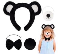 DiiWmme Bear Costume Accessories Complete Set 4 Pieces Ears Headband Nose Bow Tie and Fluffy Tail, Rabbit Fur Fancy Dress Up for Cosplay Baby Shower Carnival, Kids Adult Party Supplies (Black)