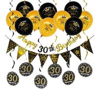DiiWmme Black Gold 30th Birthday Decorations Set, Balloons, Banner and Swirls 30 Year Old Party Supplies for Boys Girls, Reusable Birthday Party Decor (30th-black)