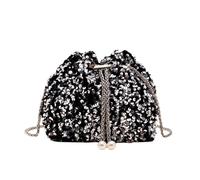 DiiWmme Bucket Bag for Women Sparkly Black Clutch Bag with Drawstring Detachable Chain Strap Elegant Shoulder Handbag Crossbag for Wedding Party Evening Bag for Girls Ladies (Silver)
