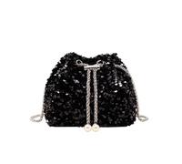 DiiWmme Bucket Bag for Women Sparkly Black Clutch Bag with Drawstring Detachable Chain Strap Elegant Shoulder Handbag Crossbag for Wedding Party Evening Bag for Girls Ladies