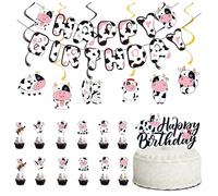 DiiWmme Cow Birthday Party Decorations Set, Farm Animal Themed Happy Birthday Banner, Hanging Swirls, Cute Party Supplies for Kids, Boys and Girls (Dairy Cow)