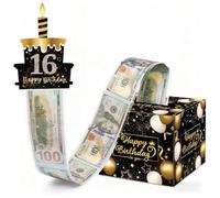 DiiWmme Happy Birthday Money Box Cash Gift Pull, Surprise Money Gift Box with DIY Stickers and 50 Clear Bags, Perfect for Any Age, Fun Birthday Party Gift Idea for Women, Girls, Teens (Black and Gold)