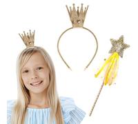 DiiWmme Princess Tiara and Fairy Wand Set for Girls Glitter Crown Star Wand Dress Up Accessories Gold Silver Shiny Birthday Party Headband Toddler Kids Costume Props (Style-1, One Size)