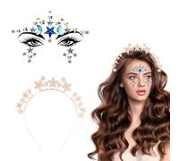 DiiWmme Sparkly Rhinestone Crown Headband with Pearl Stars, Perfect for Weddings and Parties, Includes Adhesive Face Gems for Festive Glamour (Rose Gold, One Size)