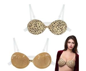 DiiWmme Sticky Backless Push Up Bra 1 Pack, Reusable Invisible Self Adhesive Bra for Women, Strapless Bra with Removable Clear Straps, Perfect for Wedding Backless Dresses(Leopard Print, B)