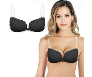 DiiWmme Sticky Backless Push Up Bra 1 Pack, Reusable Invisible Self Adhesive Bra for Women, Strapless Bra with Removable Clear Straps, Perfect for Wedding Backless Dresses Everyday Wear (Black)
