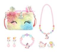 DiiWmme Unicorn Jewellery Set for Girls, Necklace Bracelet Ring Earrings with Crossbody Bag, Princess Dress Up Kit, Ideal Birthday Gift for Age 3 4 5 6 7 8 Years (Unicorn)