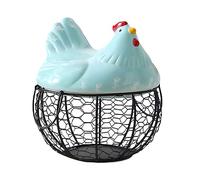 dijiusidy Chicken Shape Egg Basket, Iron Craft Egg Collecting Baskets with Ceramic Cover, Holds 15 Eggs, Kitchen Storage Basket with Double Handle for Eggs, Vegetables, Fruits (blue)