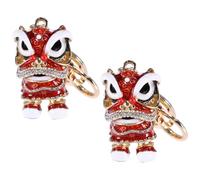 DIKACA 2pcs Red Chinese Style Lion Keychain Pendant with Rhinestones, Small Alloy Keyring with 360° Rotatable Head, Creative Car Hanging Ornament for Women