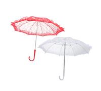 DIKACA 2pcs Small Bridal Lace Umbrella Set Embroidery Parasol for Wedding Photography Stage Performance and Party Decoration, White and Red Long Handle Bride Parasol Props