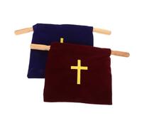 DIKACA 2pcs Velvet Church Offering Bags with Wood Handles Collection Pouches for Communion Supplies Embroidered Cross Design Capacity Baptism and Religious Favor Bags in Red and Blue