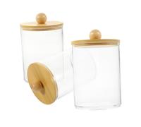 DIKACA 3pcs Clear Makeup Organizer with Bamboo Lid Portable Cotton Swabs Holder and Small Cotton Balls Storage Box for Bathroom Dresser Toiletry Storage