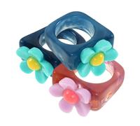 DIKACA 3pcs Vintage-inspired Resin Rings for Women Cute Delicate Flower Design with Rhinestone Inlay Chic Stackable Finger Jewelry in Purple and Blue Unique Boho Style Accessories