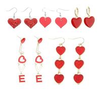 DIKACA 5 Pairs Valentine Heart Drop Earrings with Red Rhinestones, Love Letter Studs Dangle Earrings for Women, Wedding and Romantic Occasion Jewelry Set