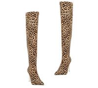 DIKACA High Heel Knee Boots for Women Autumn Winter Thin Heel Long Boots with Anti-skid Sole Comfortable Breathable Insole Warm Stylish Footwear for Cold Weather Leopard Print