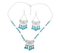 DIKACA Vintage Blue Beaded Jewelry Set for Women Boho Necklace with Tassel Embellishments Elegant Dangle Earrings and Chic Headchain Craftsmanship for Stylish
