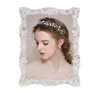 5x7 Picture Frame with Crystal for Wedding, Pearl Picture Frame Silver Plated with HD Acrylic Finish Photo Frames with Rhinestones for Horizontal and Vertical Decor Tabletop Display