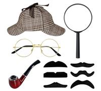 DIKARIYA Detective Costume Accessory Set, 5 Sherlock Holmes Costume Accessories with Detective Hat Glasses False Moustache Magnifying Glass Detective Props for Halloween Carnival Men's Cosplay Party