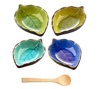 DIKEBAO 4Pcs Ceramic Sauce Dish Leaves Shape Handmade Sauce Bowls Mini Side Seasoning Dish Sushi Soy Sauce Dipping Condiment Dishes for Snack Sushi Fruit Appetizer Dessert Dinner Kitchen, 4 Colours
