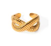 Dikixe Minimalist Textured Twist Chunky Statement Ring,Gold Plated Stainless Steel Open Ribbed Band Stackable Chic Style Ring for Women, Stainless Steel, No Gemstone