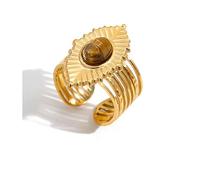 Dikixe Western Captivating Tiger's Eye Stone Ring,Solitaire 8 * 10mm Oval Cut Gemstone 18K Gold Plated Stack 13mm Wide Ribbed Texture Band Statement Ring for Women, Metal, Tiger Eye