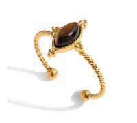 Dikixe Western Captivating Tiger's Eye Stone Ring,Solitaire 8 * 10mm Oval Cut Gemstone 18K Gold Plated Stack 13mm Wide Ribbed Texture Band Statement Ring for Women, Adjustable, 8, Metal, Tiger Eye