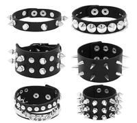 DIKJAK 6 Pack Punk Bracelets Set - Mix & Match Black PU Leather Wristbands with Studs, Chains & Geometric Charms | Stackable Gothic Grunge Cuffs for Men Women, Rock Concert Wrist Accessories