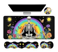 Dikoer 4Pcs Memory Foam Keyboard Mouse Wrist Rest Pad + Gaming Desk Mat 31.5" * 11.8" + MouseWrist Cushion + Coasters Set, Non-Slip Desk Pads Protector for Laptop Computer Home, Rainbow Skull