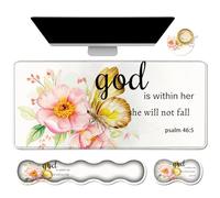 Dikoer 4Pcs Memory Foam Keyboard Mouse Wrist Rest Pad + Gaming Desk Mat 31.5" * 11.8" + MouseWrist Cushion + Coasters Set, Non-Slip Desk Pads Protector for Laptop Computer Home, Flower Bible Proverbs