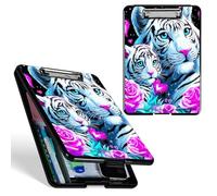 Dikoer A4 Clipboard with Storage Case, Heavy Duty Foldable Clip Board Folder with Multi-Slot Organizer, Document Holder for Medical Office Coaches Legal Nurse Accessories, Purple Flower White Tiger