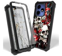 Dikoer Case for Boost Mobile Celero 5G Plus 2024/Celero 3 Plus 5G with Screen Protector, Heavy Duty Dual Layer Hard PC & Silicone Shockproof Protective Phone Cover for Women Men, Red Lily Skull