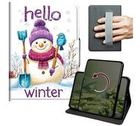 Dikoer Case for Kindle Paperwhite 12th Gen 2024 Released 7" & Kindle Colorsoft 2024/2025, 360 Degree Rotation Lightweight PU Leather Stand Cover with Hand Strap for Women Men, Winter Snowman