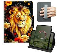 Dikoer Case for Samsung Galaxy Tab A 10.1" 2019 SM-T510/T515/T517, 360 Degree Rotation Lightweight PU Leather Stand Cover with Hand Strap for Women Men Business Travel, Golden Lion Flower