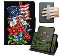 Dikoer Case for Samsung Galaxy Tab A 10.1" 2019 SM-T510/T515/T517, 360 Degree Rotation Lightweight PU Leather Stand Cover with Hand Strap for Women Men Business Travel, National Flag Red Flowers