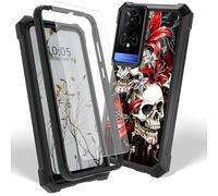 Dikoer Case for TCL 50 XE with Screen Protector, Heavy Duty Dual Layer Hard PC & Silicone Shockproof Protective Phone Cover for Women Men, Red Lily Skull