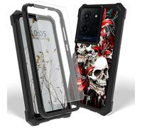 Dikoer Case for TCL K32 5G T513W/TCL K33 T513V with Screen Protector, Heavy Duty Dual Layer Hard PC & Silicone Shockproof Protective Phone Cover for Women Men, Red Lily Skull