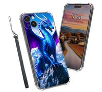 Dikoer Clear Case for iPhone 15 2025 6.1", Heavy Duty Hybrid Transparent TPU Soft Silicone Shockproof Protective Basic Cases with Mobile Phone Strap for Women Men Girl Boy, Blue Cool Dragon