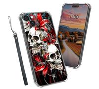 Dikoer Clear Case for iPhone 15 Plus 6.7", Heavy Duty Hybrid Transparent TPU Soft Silicone Shockproof Protective Basic Cases with Mobile Phone Strap for Women Men Girl Boy, Red Lily Skull