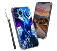 Dikoer Clear Case for iPhone 15 Pro Max 6.7", Heavy Duty Hybrid Transparent TPU Soft Silicone Shockproof Protective Basic Cases with Mobile Phone Strap for Women Men Girl Boy, Blue Cool Dragon