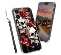 Dikoer Clear Case for iPhone 15 Pro Max 6.7", Heavy Duty Hybrid Transparent TPU Soft Silicone Shockproof Protective Basic Cases with Mobile Phone Strap for Women Men Girl Boy, Red Lily Skull
