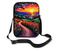 Dikoer Crossbody Bags for Women Men Mom with Adjustable Strap 9x7 Inch Zipper Closure, Small Messenger Purses, Sunset Flower Meadow, Crossbody Bags w/ 2 Zippered Pocket