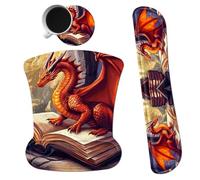 Dikoer Ergonomic Mouse Pad with Wrist Support Gel Mouse Pads and Upgrade Keyboard Wrist Rest Pad Set, Coasters Non-Slip PU Base Mouse Mat for Office Gaming Computer Laptop Home, Red Dragon Books