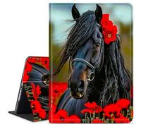 Dikoer for iPad 9th Generation 2021/iPad 8th Generation 2020/iPad 7th Generation 2019 iPad 10.2" Tablet Case, Slim Kickstand Stand Leather Smart Cover with Auto Wake/Sleep, Red Flower Black Horse