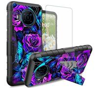 Dikoer for Nokia X100 Case with Tempered Glass Screen Protector, Dual Layer Built-in Kickstand Rugged Shockproof Protective Mobile Phone Accessories Cover for Women Men, Purple Rose Butterfly