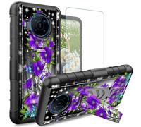 Dikoer for Nokia X100 Case with Tempered Glass Screen Protector, Dual Layer Built-in Kickstand Rugged Shockproof Protective Mobile Phone Accessories Cover for Women Men, Purple Artificial Flowers