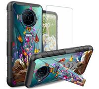 Dikoer for Nokia X100 Case with Tempered Glass Screen Protector, Dual Layer Built-in Kickstand Rugged Shockproof Protective Mobile Phone Accessories Cover for Women Men, Book Butterfly Blue