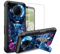 Dikoer for Nokia X100 Case with Tempered Glass Screen Protector, Heavy Duty Dual Layer Built-in Kickstand Rugged Shockproof Protective Mobile Phone Accessories Cover for Women Men, Purple Flower Wolf