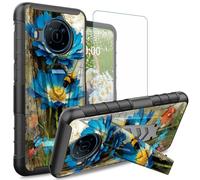Dikoer for Nokia X100 Case with Tempered Glass Screen Protector, Heavy Duty Dual Layer Built-in Kickstand Rugged Shockproof Protective Mobile Phone Accessories Cover for Women Men, Blue Flower Wood
